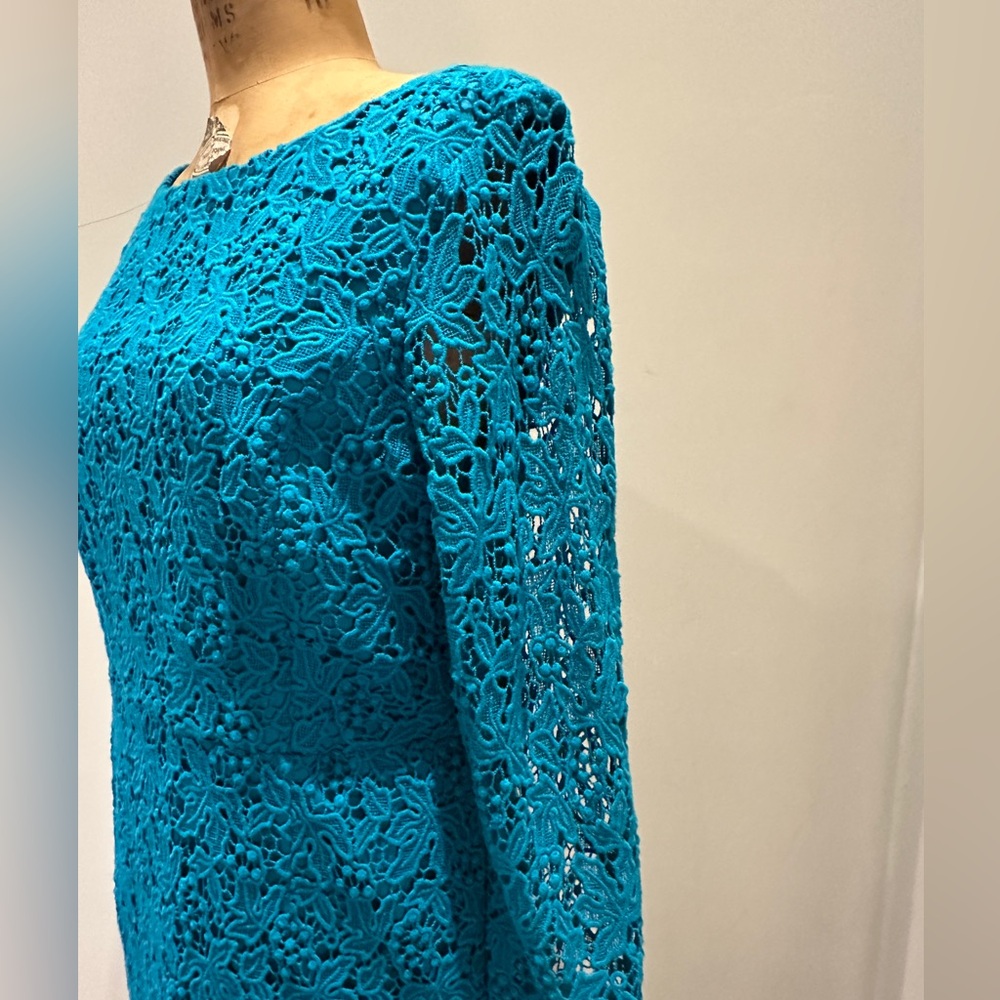 Talbots Teal Blue Long Sleeve Cotton Lace Dress size 10 Fully Lined - Picture 2 of 6